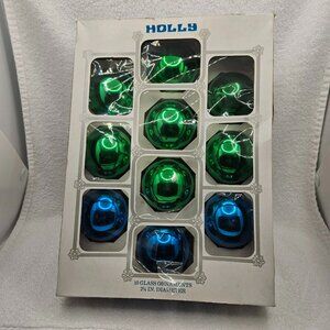 Holly Glass Ornaments 10 Green Blue Christmas Tree Holiday Silver Crown 2.25”